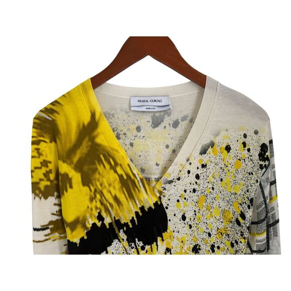 Prabal Gurung 100% Silk Top Abstract Yellow & Black Print V-Neck Long Sleeve Swe - Picture 5 of 6